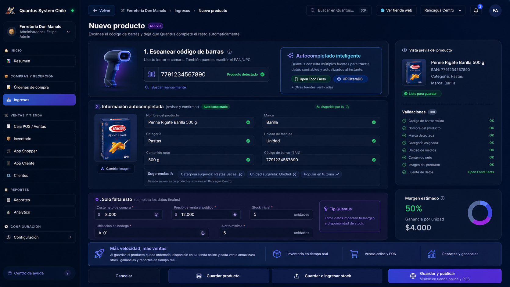 Vista del Punto de Venta Quantus creando un nuevo producto
